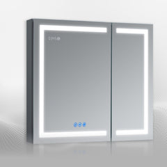 DECADOM LED Mirror Medicine Cabinet Recessed or Surface, Defogger, Dimmer, Clock, Room Temp Display, Makeup Mirror 3X, Outlets & USBs RUBiNi 36x32