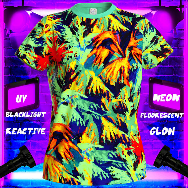 aofmoka Ultraviolet Fluorescent Handmade Art Neon Blacklight Reactive Print Women T-Shirt