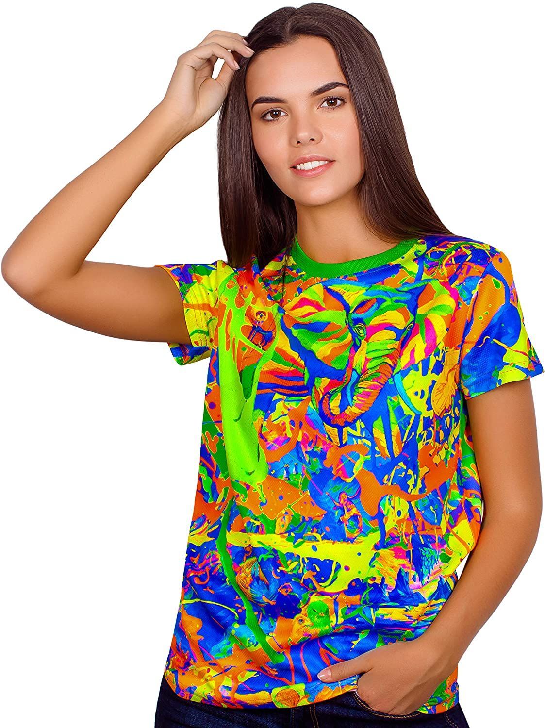 Neon Women T-Shirt in UV Fluorescent Elegant Elephant - aofmoka