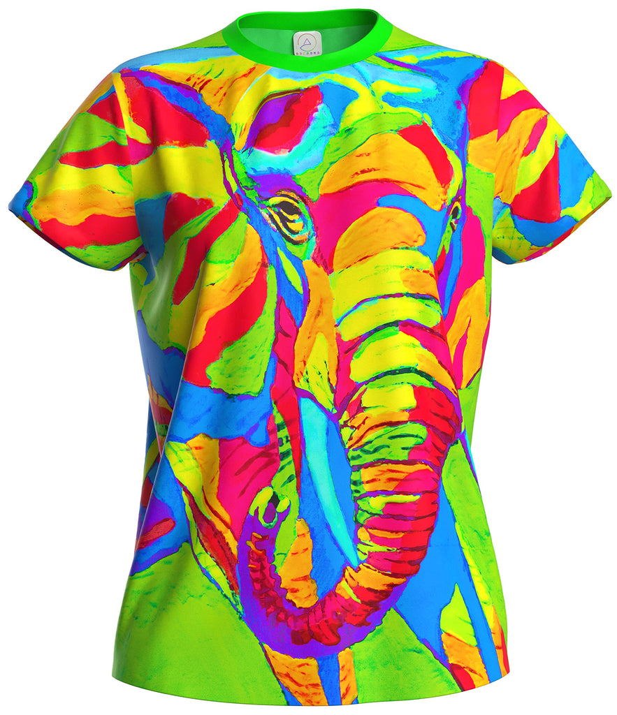 aofmoka Ultraviolet Fluorescent Handmade Art Neon Blacklight Reactive Print  Elephants Africa Safari  Women T-Shirt
