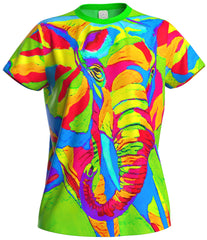aofmoka Ultraviolet Fluorescent Handmade Art Neon Blacklight Reactive Print  Elephants Africa Safari  Women T-Shirt