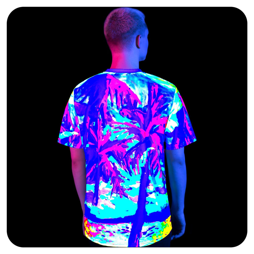 Palms Print T-shirts Neon Glow in UV Fluorescent Hawaii Palm - aofmoka Medium