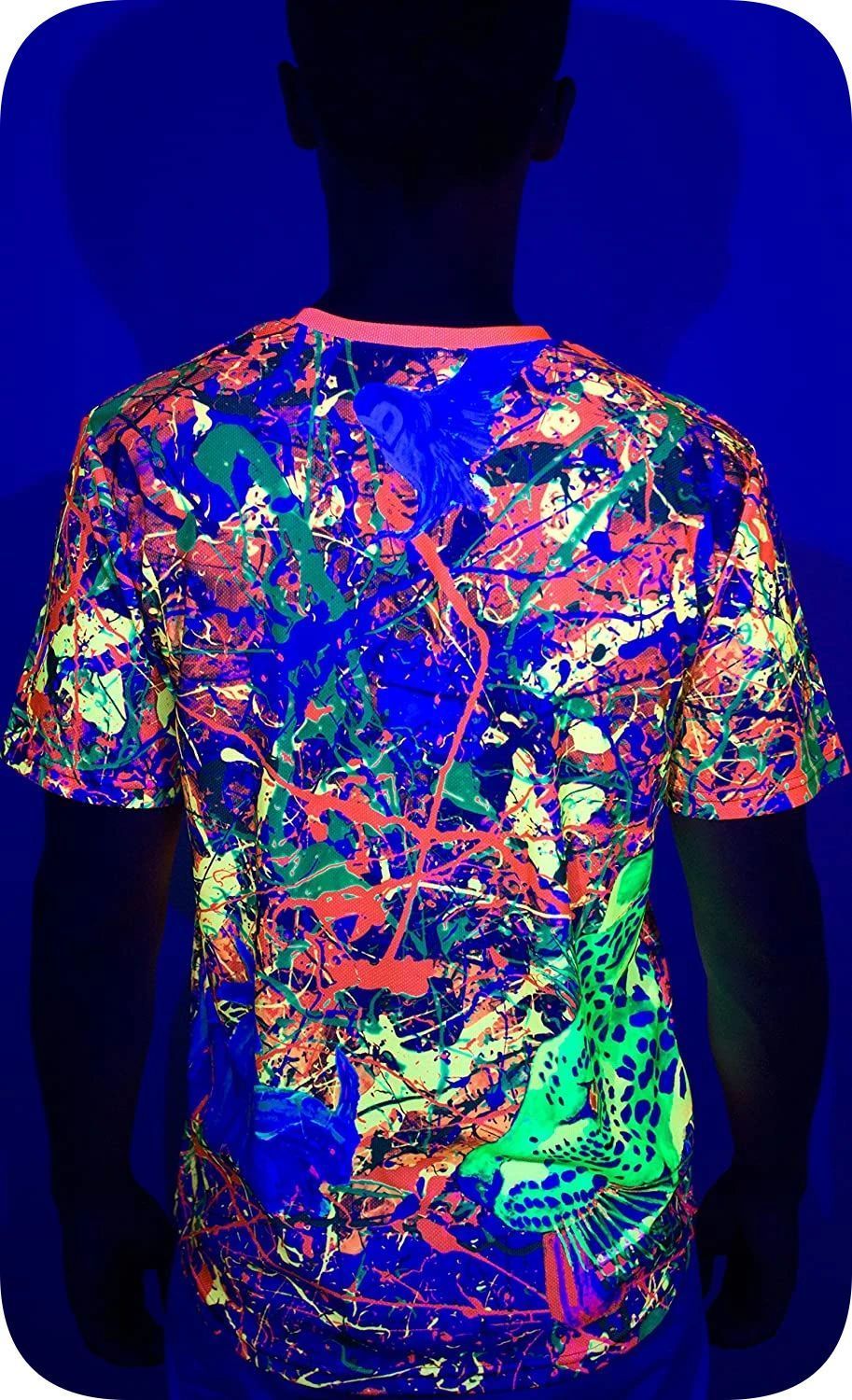 Full Print T Shirt Design Neon Glow in UV Fluorescent Splash Flamingo tss3