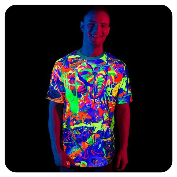Graphic Neon Print T-Shirt Glow in UV Fluorescent Splash Elegant Elephant tss5