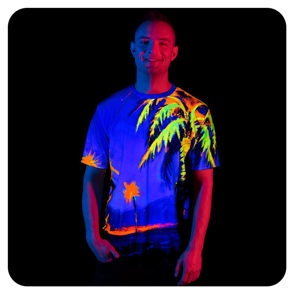 Print Shirt Design Sale Neon Glow in UV Fluorescent Hawaii Palm tss1
